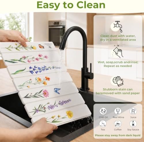 LOKHOM Stone Dish Drying Mat, 11.8"x15.7" Diatomaceous Earth Mat Floral - Image 5