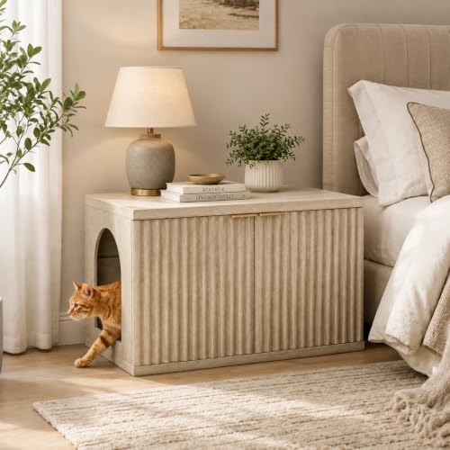 Homhedy Cat Litter Box Enclosure, Modern Fluted Accent, Cream Gray - Image 6