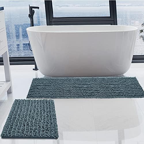 Luxury Chenille Dusty Blue Bathroom Rugs Sets 2 Piece, Thickened Hot Melt by HVERONNEX