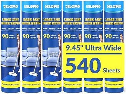 DELOMO 9.45” Large Lint Roller Refills, 6 Packs, 540 Extra Sticky Sheets by DELOMO