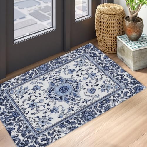 Giwawa Boho Floral Bath Rug Blue Leaves Soft Absorbent Bath Carpet 24x35 Inch - Image 5