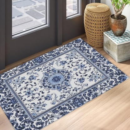 Giwawa Boho Floral Bath Rug Blue Leaves Soft Absorbent Bath Carpet 24x35 Inch - Image 5