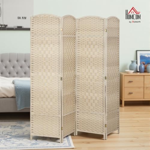 HOMCOM 4 Panel Room Divider 6 Ft Privacy Screen Hand-Woven Washed Oak - Image 2