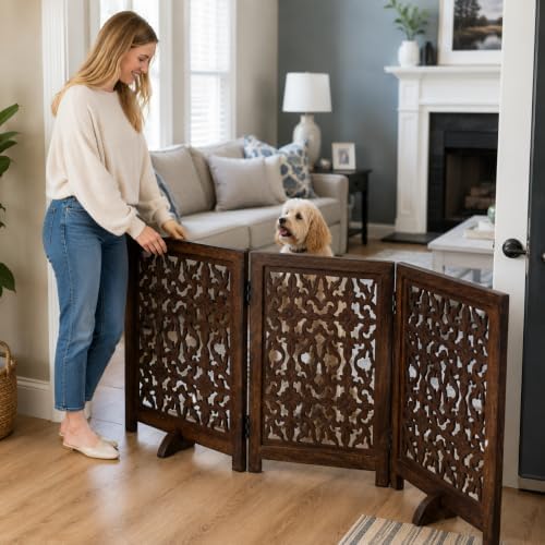 Foldable Wooden Dog Gate, 54 Inch Wide, Burnt Finish - Image 6