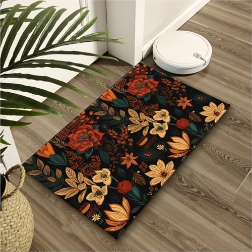 Giwawa Boho Floral Bath Rug Black Mid Century Bathtub Mat Absorbent Non Slip - Image 6