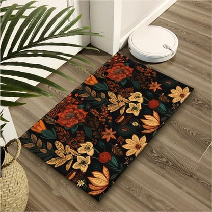 Giwawa Boho Floral Bath Rug Black Mid Century Bathtub Mat Absorbent Non Slip - Image 6