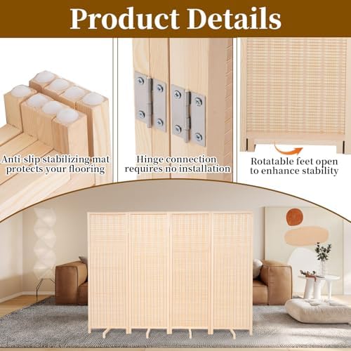 Bamboo Room Divider 4 Panel 47" H, 360°Rotating Feet Privacy Screen - Image 6