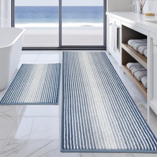 BSICPRO Bathroom Rugs Sets 2 Piece, Non Slip Striped Bath Mats, Fog Blue by BSICPRO