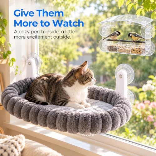 Cat Window Perch with Bird Feeder, Plush Suction Cup Window Cat Bed, M Size - Image 3