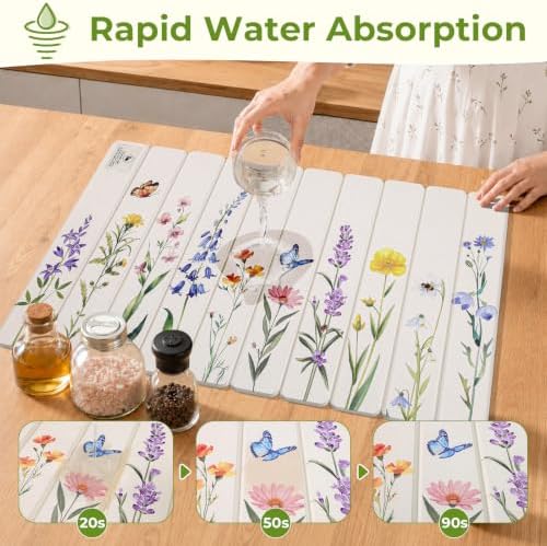 LOKHOM Stone Dish Drying Mat, 15.3"x23.6" Diatomaceous Earth Mat Floral - Image 6
