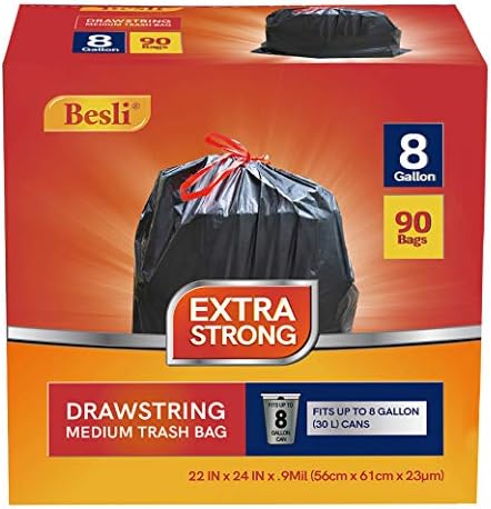 Besli 8 Gallon Black Drawstring Trash Bag Garbage Bag Trash Can Liner, 0.9 Mil by Besli