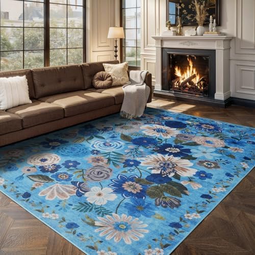 Floral Area Rugs 5x7 for Bedroom Livingroom Blue Non-Slip - Image 6