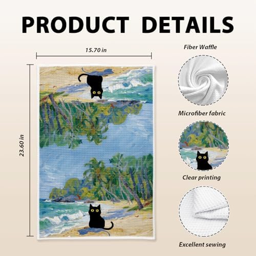 Black Cat Kitchen Towels, Coastal Beach Black Cats Decor - Image 5