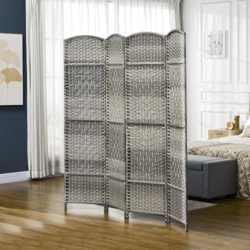 HOMCOM 4 Panel Room Divider 6 Ft Privacy Screen Hand-Woven Mixed Gray - Image 2