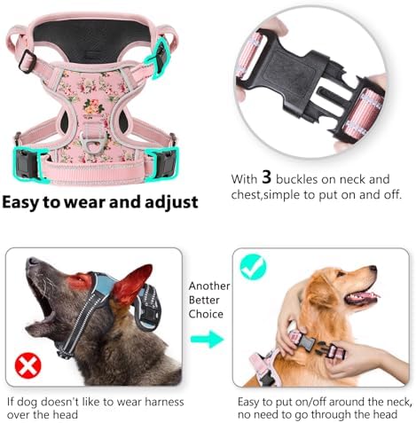 Timos Dog Harness Medium Sized, Quick Release 3 Buckles, Flower Pink - Image 2