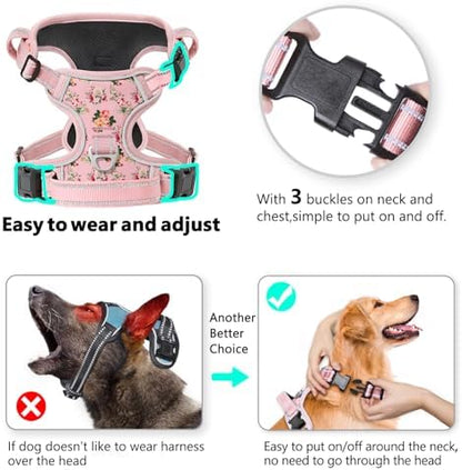 Timos Dog Harness Medium Sized, Quick Release 3 Buckles, Flower Pink - Image 2