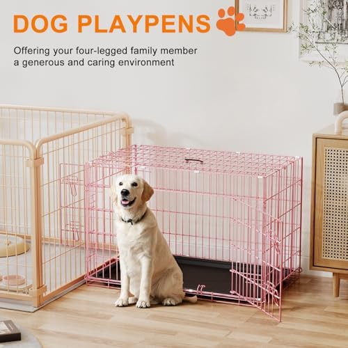 FDW | 36" Foldable Metal Dog Crate | Pink | Cage - Image 2
