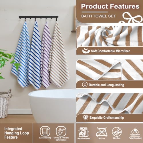 JML Microfiber Bath Towel Sets, 4 Pack, Cabana Stripe Coffee - Image 3