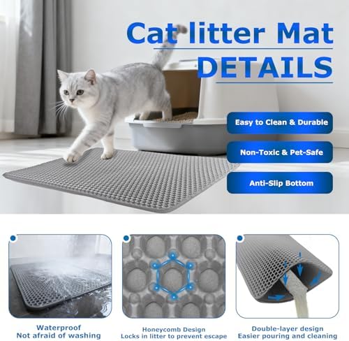 Cat Litter Box Mat, Double-Layer Honeycomb Litter Trap 35"x24" Gray - Image 2