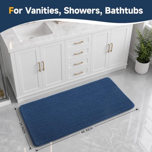 Ophanie Navy Blue Bathroom Rugs 48x24, Soft Chenille Bath Mat, Non Slip - Image 2