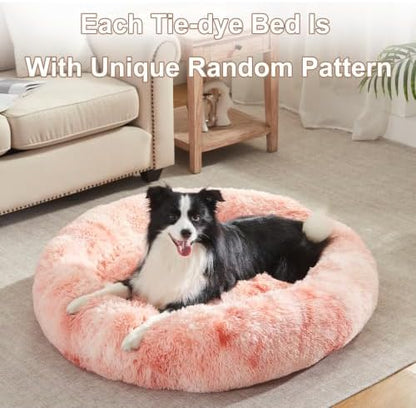42 in Faux Fur Donut Dog Bed for Large Plus Dogs, Tie-dye Pink - Image 6