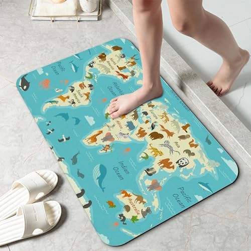 World Map with Animals AST Drying Absorbent Bathroom Mat, Non-Slip Rubber by Unknown