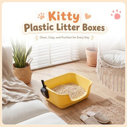 Bokon 2 Pack Yellow Green Small Cat Low Entry Litter Box, Kitty Litter Pan - Image 3
