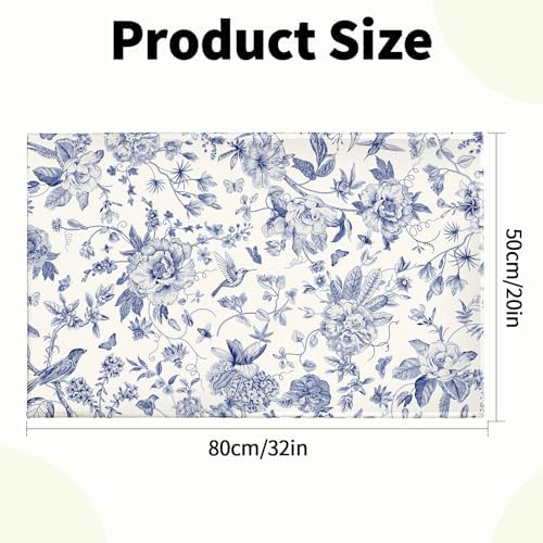 Chinoiserie Flower Bath Rug Blue Leaves Bathroom Mat 20"x32" Soft Plush - Image 3