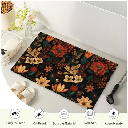 Giwawa Boho Floral Bath Rug Black Mid Century Bathtub Mat Absorbent Non Slip - Image 3