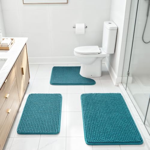 Ophanie Teal Bathroom Rugs Sets 3 Piece, Soft Chenille Bath Mat, Non Slip by Ophanie