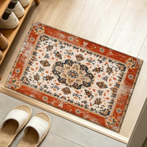 Giwawa Ethnic Boho Bath Rug Rust Coral Floral Plush Kitchen Mat 20x32 Inch Soft - Image 2