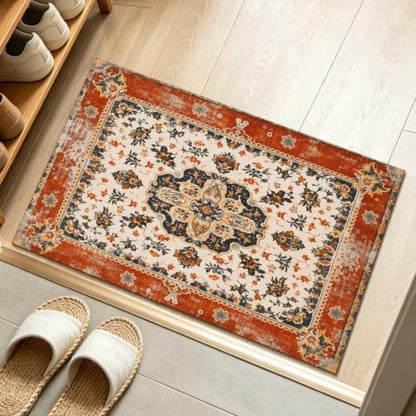 Giwawa Ethnic Boho Bath Rug Rust Coral Floral Plush Kitchen Mat 20x32 Inch Soft - Image 2