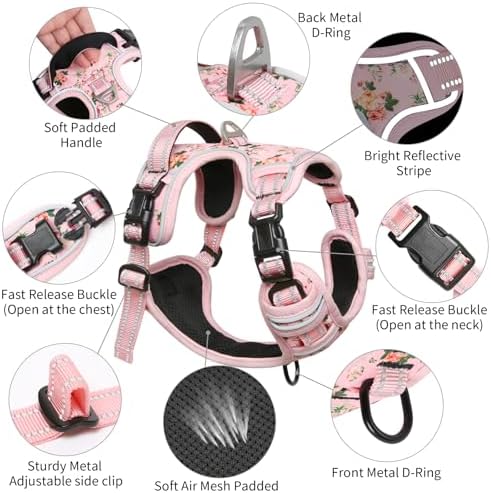 Timos Dog Harness Medium Sized, Quick Release 3 Buckles, Flower Pink - Image 4