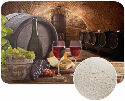 Wine Bottle and Glasses Bathroom Mat Rugs Vintage Wodden Barrel Microfiber Faux by Unknown