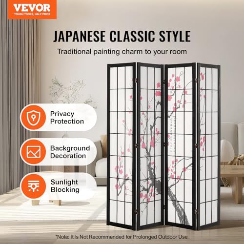 VEVOR Room Divider, 4 Panel Japanese Room Divider Screen, Wood Folding Privacy - Image 2