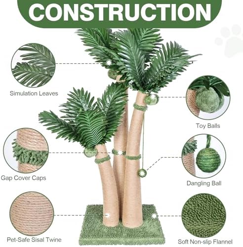 40'' Tall Cat Scratching Post Cat Tree, 3 Curved Design Palm Tree Cat - Image 2