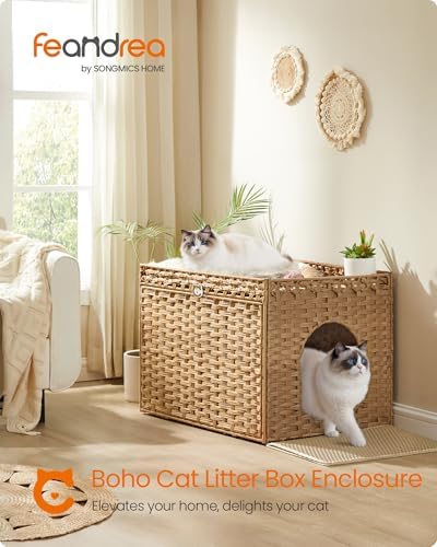 Feandrea Cat Litter Box Enclosure, Handwoven Rattan End Table, Extra Mat - Image 2