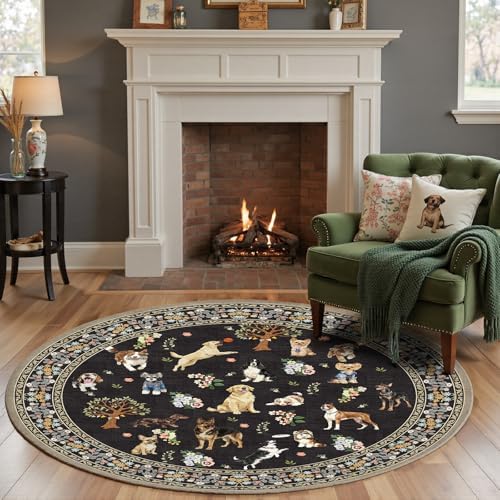 Black 4Ft Round Dogs Area Rug for Living Room Bedroom - Image 5