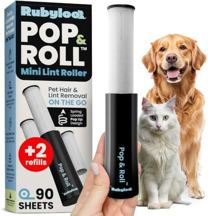 Retractable Mini Lint Roller for Pet Hair, 90 Sheets, 1 Pack + 2 Refills by Rubyloo