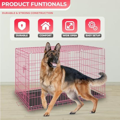 FDW | 42" Foldable Metal Dog Crate | Pink | Cage - Image 2