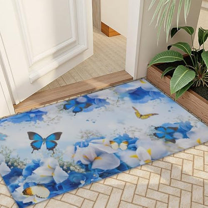 Giwawa Blue Floral Bath Rug Flower Butterfly Bathroom Carpet Extra Soft Plush - Image 7