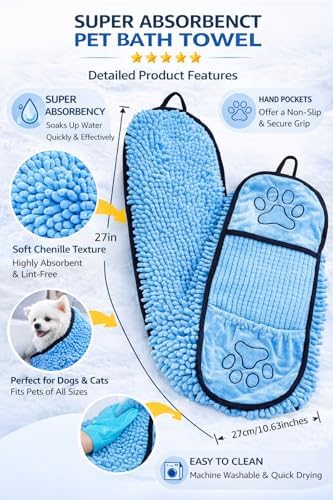 Super Absorbent Dog Bath Towel & Grooming Glove Set – Soft Chenille Dog Drying - Image 2