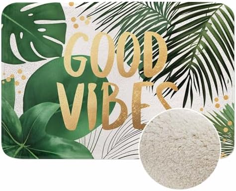 Good Vibes Gold Word Bath Mat for Bathroom Green Palm Leaf Tropical Jungle Palm by Unknown