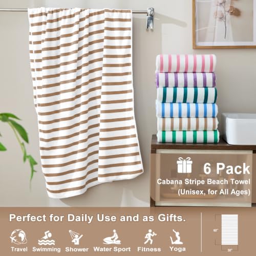 JML Microfiber Beach Towels, 6 Pack, Cabana Stripe Coffee - Image 2