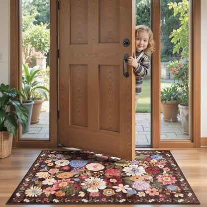 Black Brown Floral Hallway Runner Rug 2x5 - Image 5