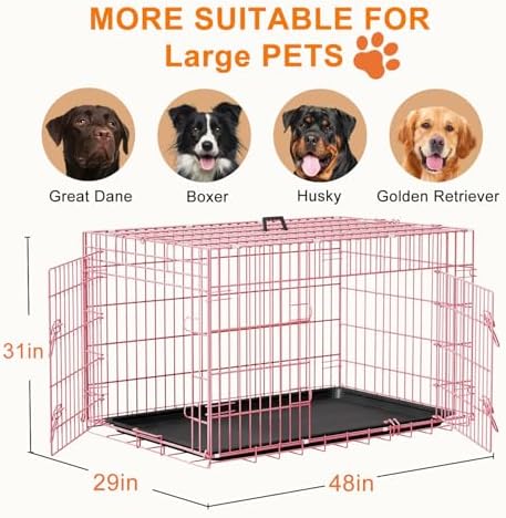 FDW | 48" Foldable Metal Dog Crate | Pink | Cage - Image 7