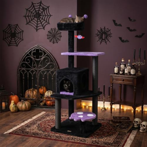 PETSITE 57-inch Gothic Cat Tree, Bat-Shaped Dangling Ball, Comfy Condo by PETSITE