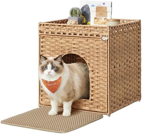 Feandrea Cat Litter Box Enclosure, Handwoven Rattan End Table, Extra Mat by FeandreabySONGMICSHOME