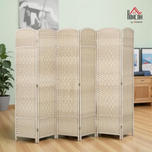 HOMCOM 6 Panel Room Divider 6 Ft Privacy Screen Hand-Woven Washed Oak - Image 2