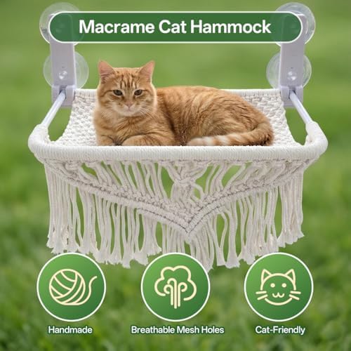 Cat Hammock & Window Perch w/ 4 Suction Cups, Foldable Adjustable Boho Cotton - Image 4